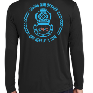 A long sleeve black shirt with an industrial diver's helmet sketched in a vibrant blue color, surrounded by roping and the words "Saving our oceans one reef at a time"