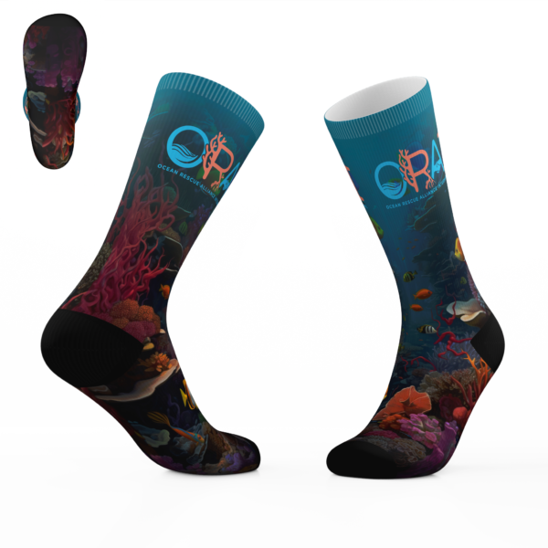 socks shows a Socks featuring a beautiful coral reef full of fish and colorful corals along with a subtle Ocean Rescue Alliance International logo around the top of the socks.