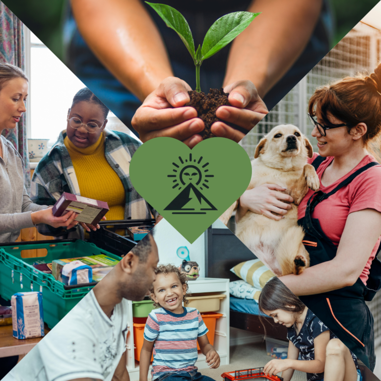 An image divided into four triangles showing a person planting a tree, a team working at a local food bank, a loving foster family with their kids, and a woman rescuing a dog from a shelter.